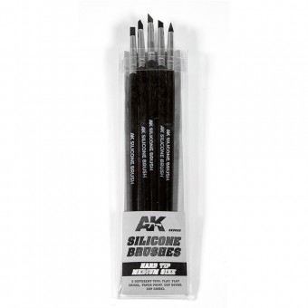 AK Interactive AK9088 SET 5 PINCELES DE SILICONA DUREZA DURA. TAMANO MEDIO / SET OF 5 SILICONE BRUSHES HARD TIP MEDIUM