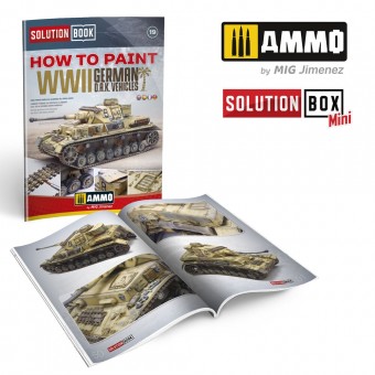 AMMO A.MIG-6602 SOLUTION BOOK 19 pcs.How to Paint WWII German D.A.K .Vehicles pcs.(Multilingual)