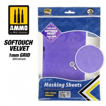 AMMO A.MIG-8245 Softouch Velvet Masking Sheets 1mm Grid (x5 sheets, 290mm x 145mm, adhesive)