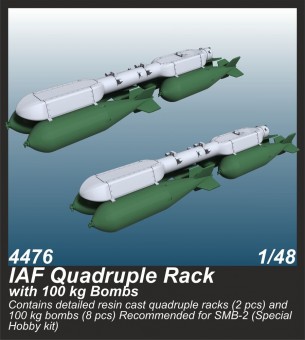 CMK 129-4476 IAF Quadruple Rack with 100 kg Bombs (2 pcs.) / for SMB-2, Sa'ar and Mirage III kits 1:48