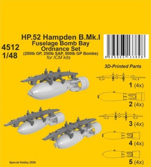 CMK 129-4512 HP.52 Hampden B.Mk.I - Fuselage Bomb Bay Ordnance Set for ICM 1:48