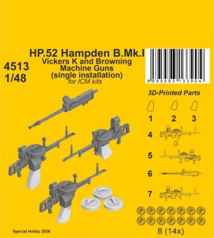 CMK 129-4513 HP.52 Hampden B.Mk.I - Vickers K and Browning Machine Guns (single installation) for ICM 1:48