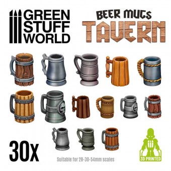 Green Stuff World 8435646507200ES 3D Printed set - Beer Mugs - Tavern - 30 pcs
