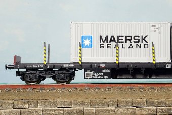 HGD 40030 Vagon platforma Rgs cu 2 containere 20' Maersk, CFR Marfa, epoca VI 
