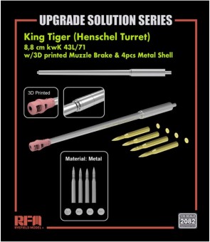 Rye Field Model RFM2082 King Tiger 8,8 cm kwK 43L/71 Metal Barrel w/ 3D Printed Muzzle Brake & 4 pcs Metal Shell 1:35